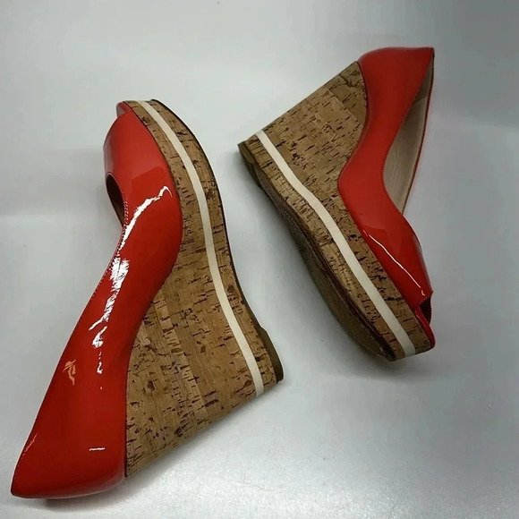 Prada Heels Peep Toe Wedges Espadrilles Cork Pump Shoes Coral Pink Size 38 US 8 - Picture 7 of 11